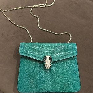 Bvlgari green fish skin leather forever shoulder bag